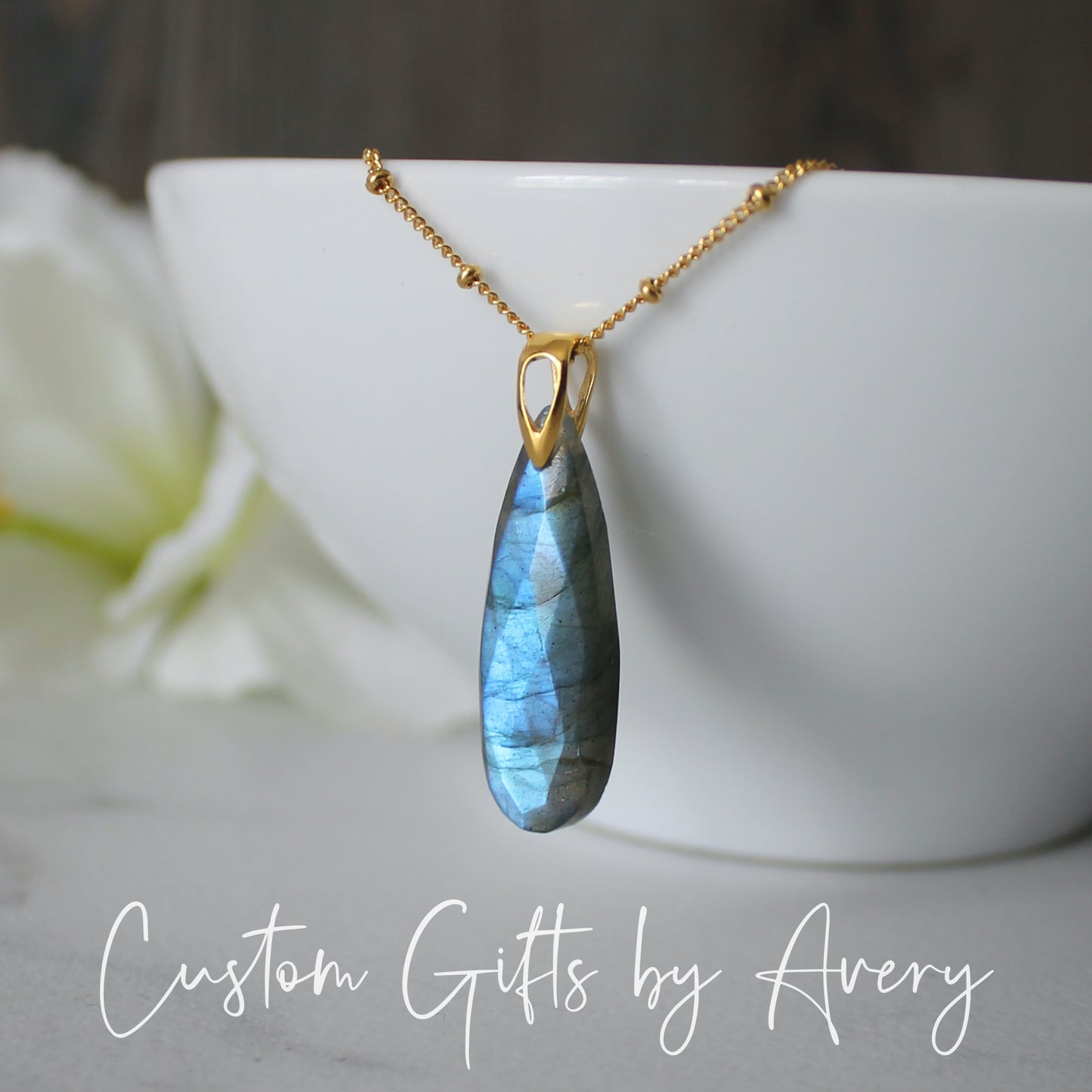 Elongated Labradorite Teardrop Necklace in Gold-Filled or Sterling Silver