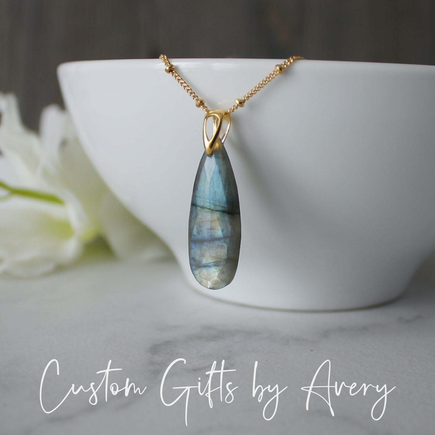 Elongated Labradorite Teardrop Necklace in Gold-Filled or Sterling Silver