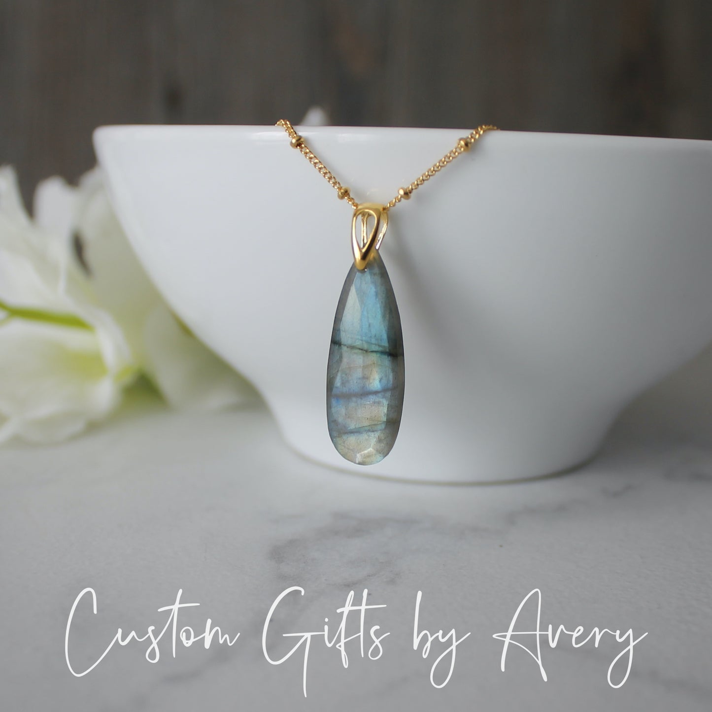 Elongated Labradorite Teardrop Necklace in Gold-Filled or Sterling Silver