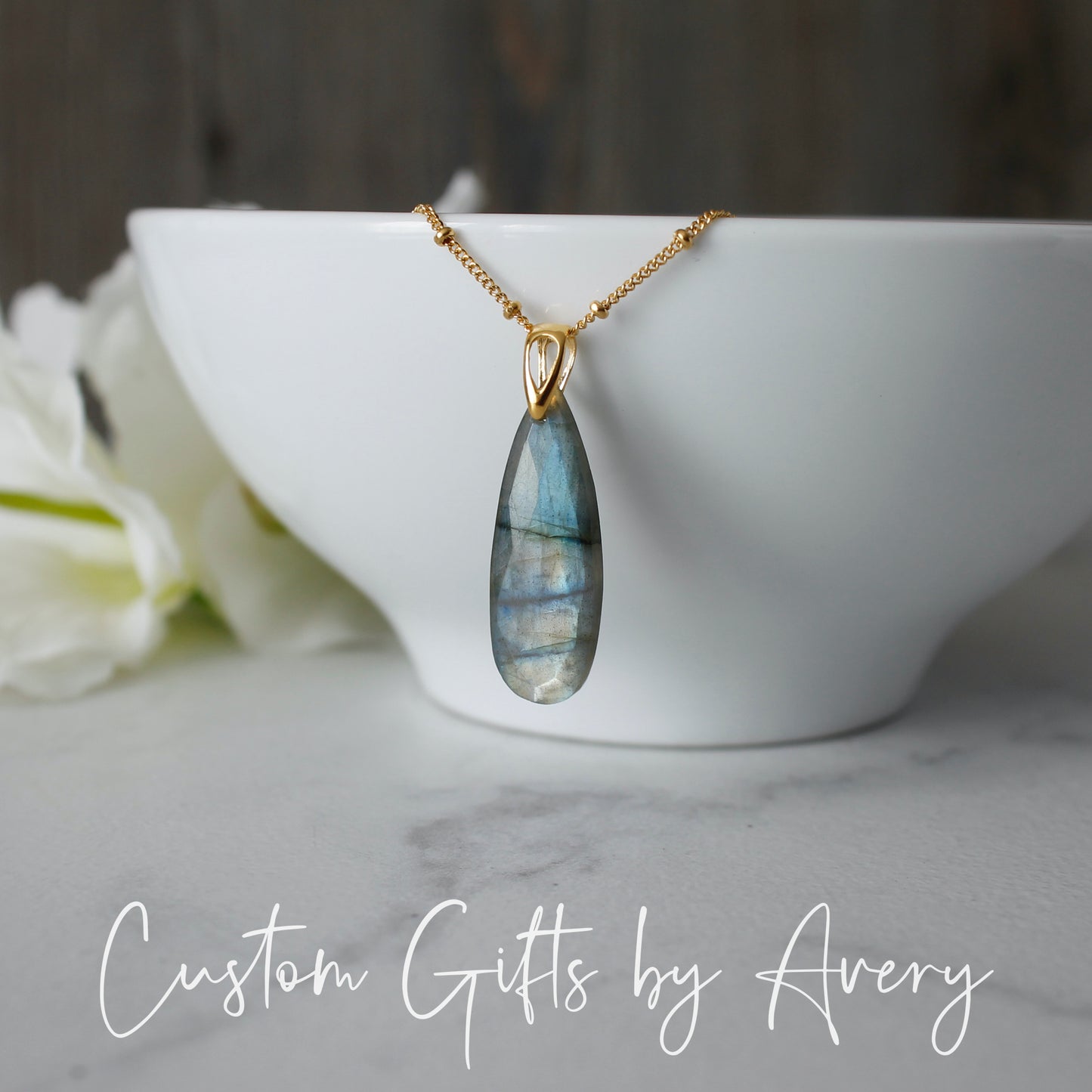 Elongated Labradorite Teardrop Necklace in Gold-Filled or Sterling Silver