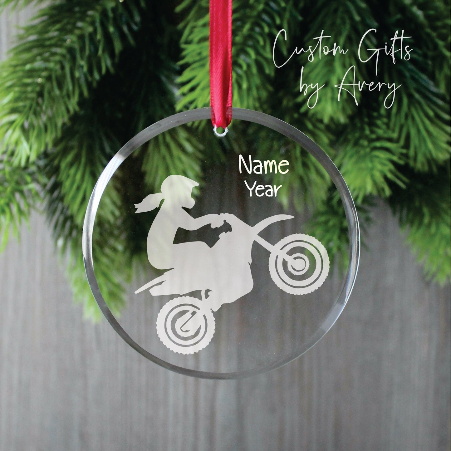 Personalized Glass Christmas Ornament ~ Female Motocross Rider