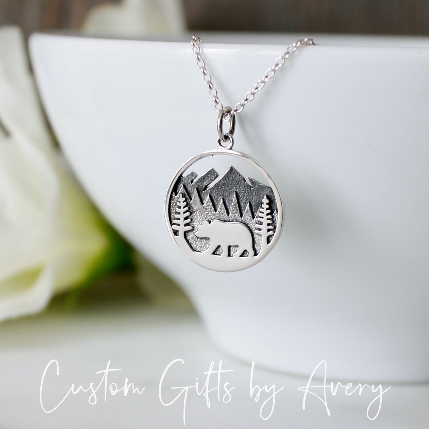 Sterling Silver Forest & Mountain Bear Necklace