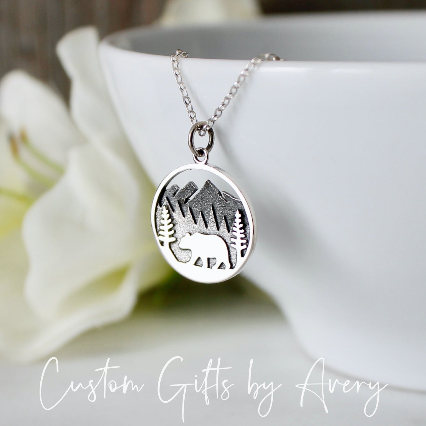 Sterling Silver Forest & Mountain Bear Necklace