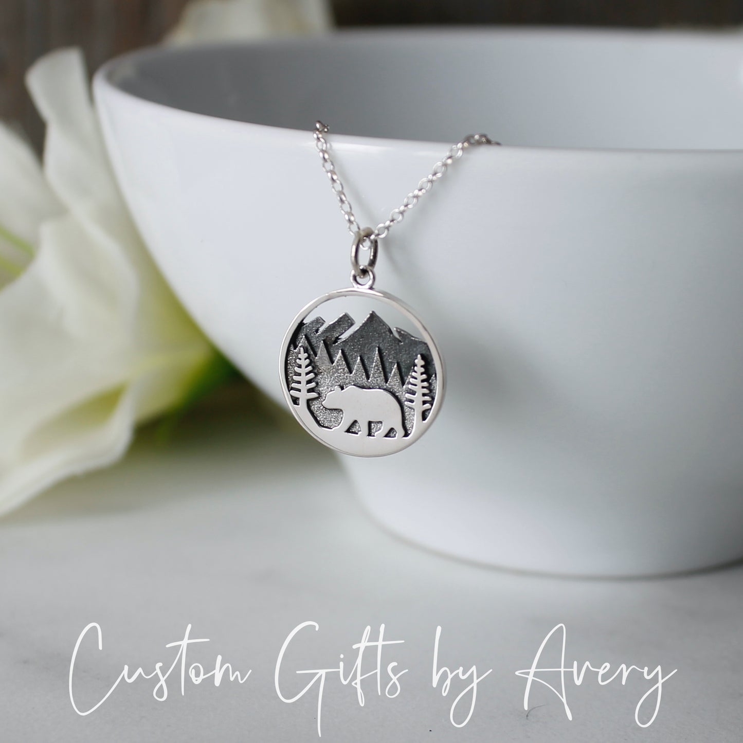 Sterling Silver Forest & Mountain Bear Necklace