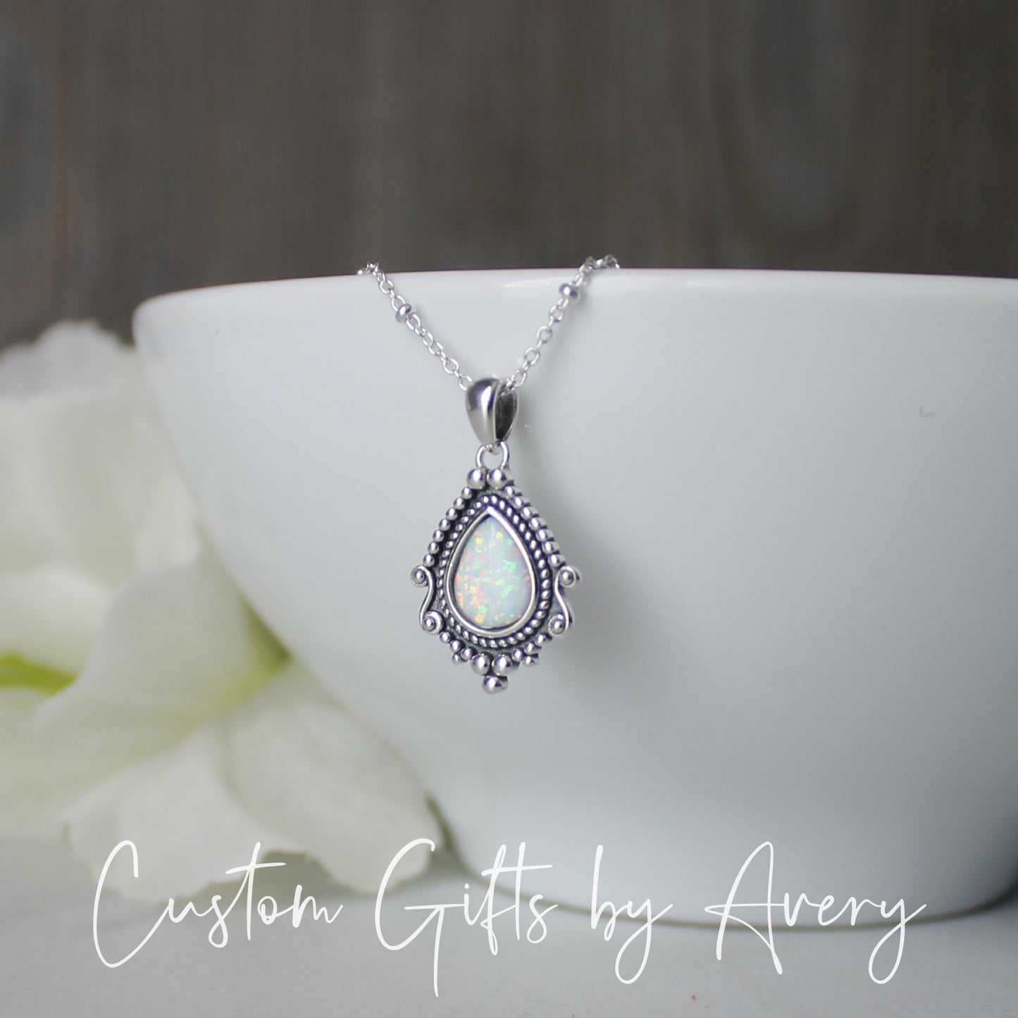 Sterling Silver Opal Bali Teardrop Necklace