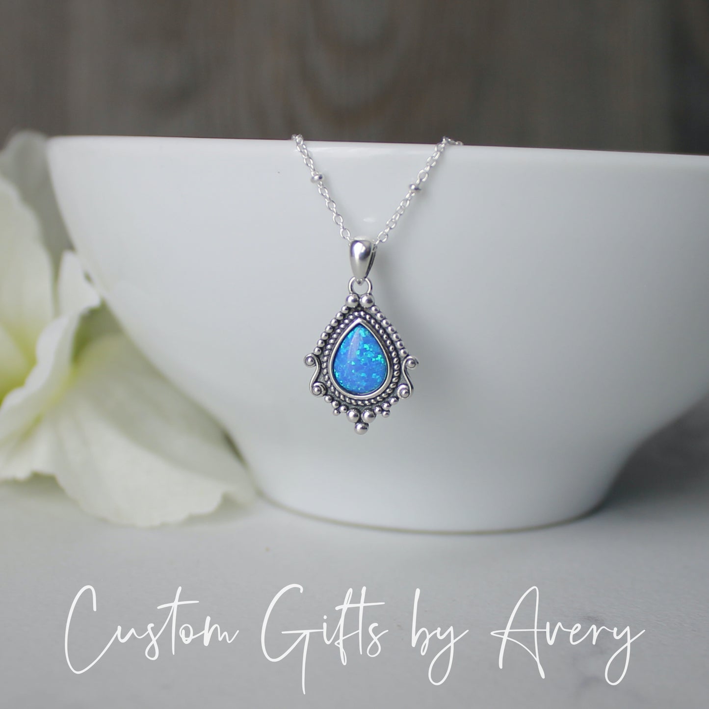 Sterling Silver Opal Bali Teardrop Necklace