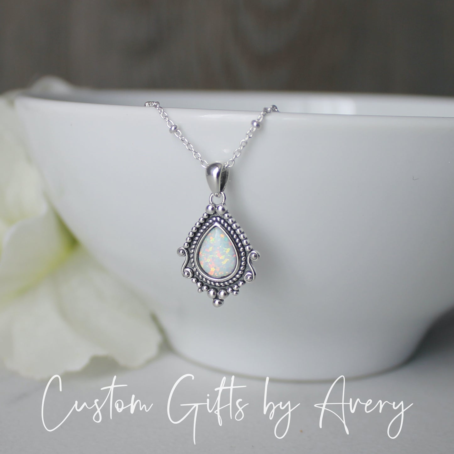 Sterling Silver Opal Bali Teardrop Necklace