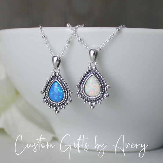 Sterling Silver Opal Bali Teardrop Necklace