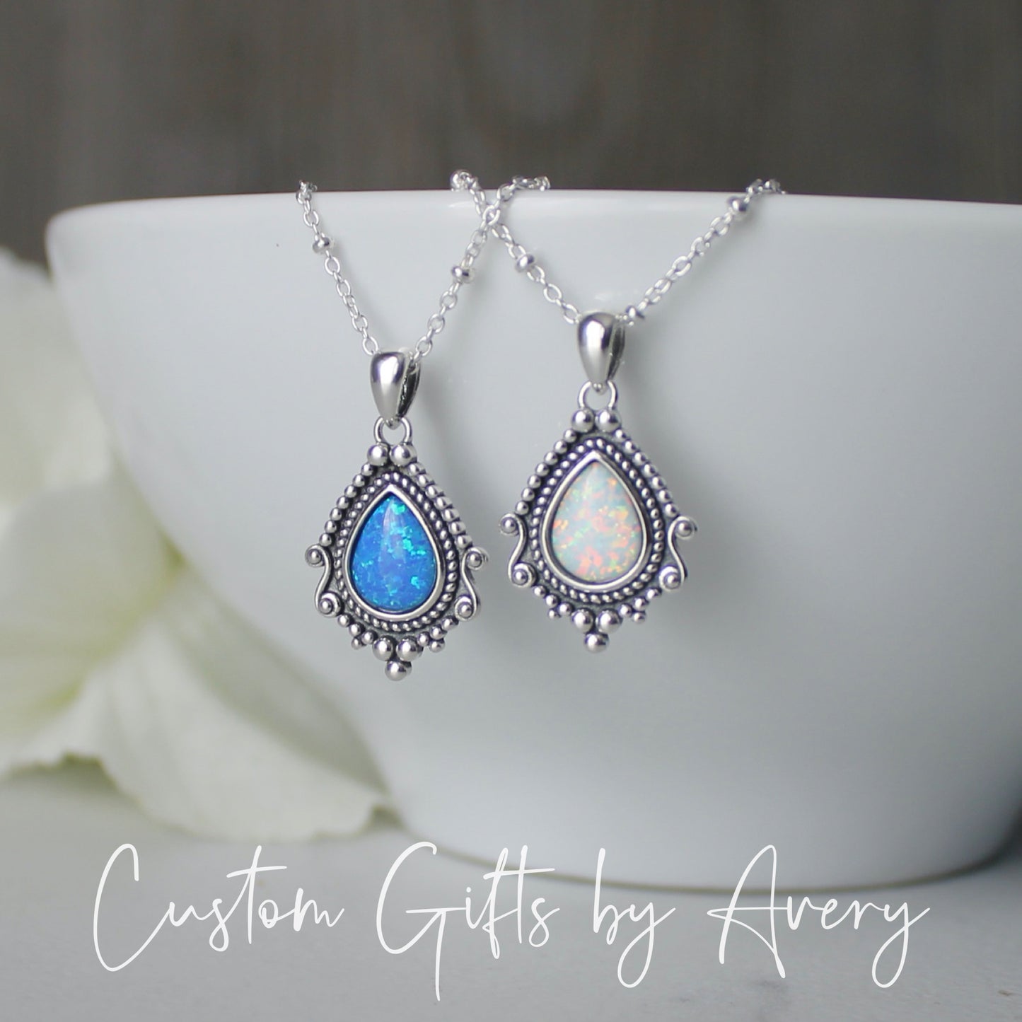 Sterling Silver Opal Bali Teardrop Necklace