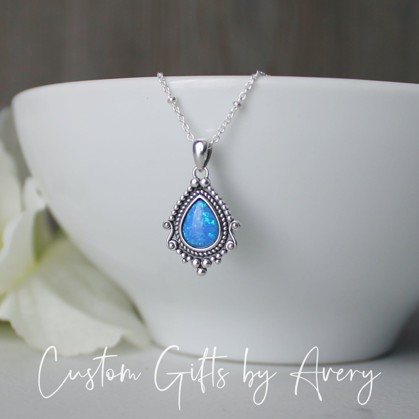 Sterling Silver Opal Bali Teardrop Necklace