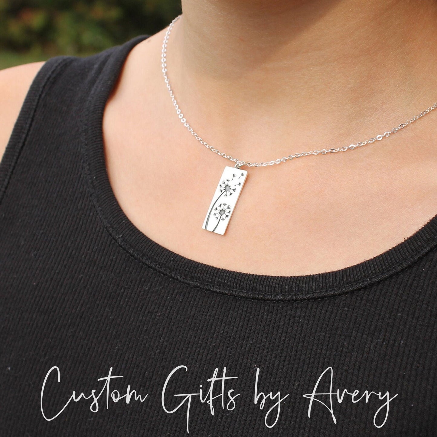 Rectangular Sterling Silver Dandelion Wish Necklace