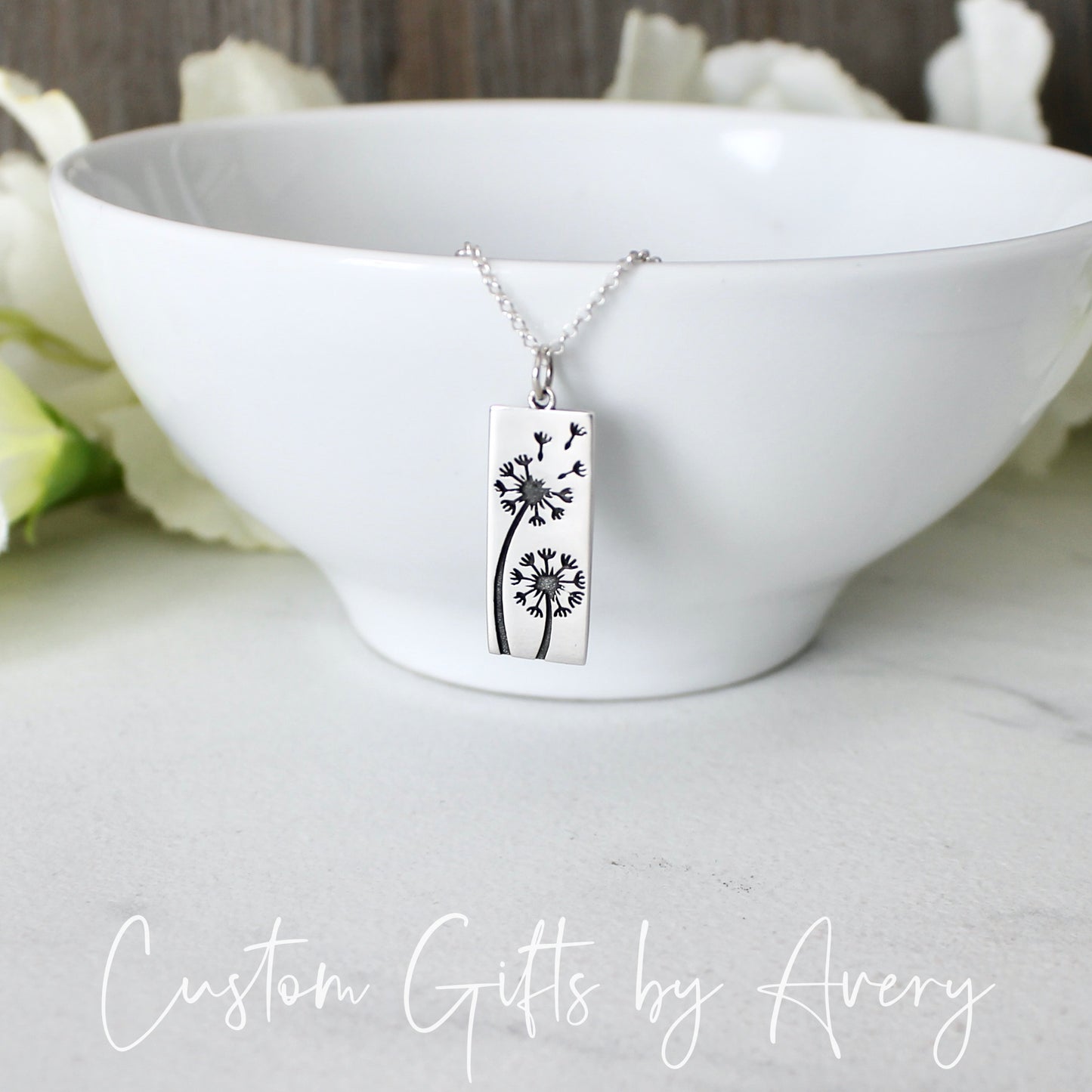 Rectangular Sterling Silver Dandelion Wish Necklace