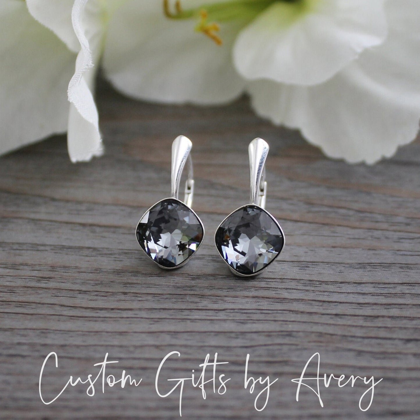 Sterling Silver Square Cut Austrian Crystal Earrings ~ Silver Night