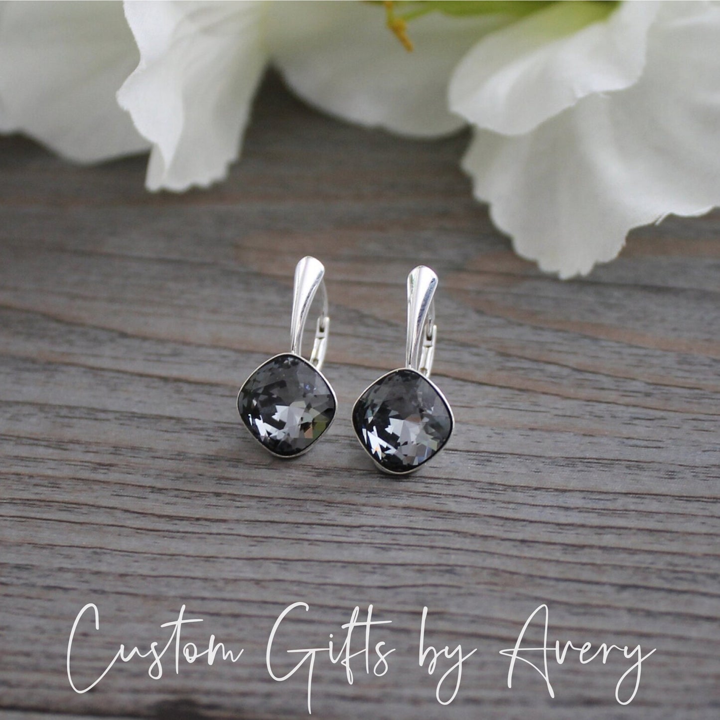 Sterling Silver Square Cut Austrian Crystal Earrings ~ Silver Night