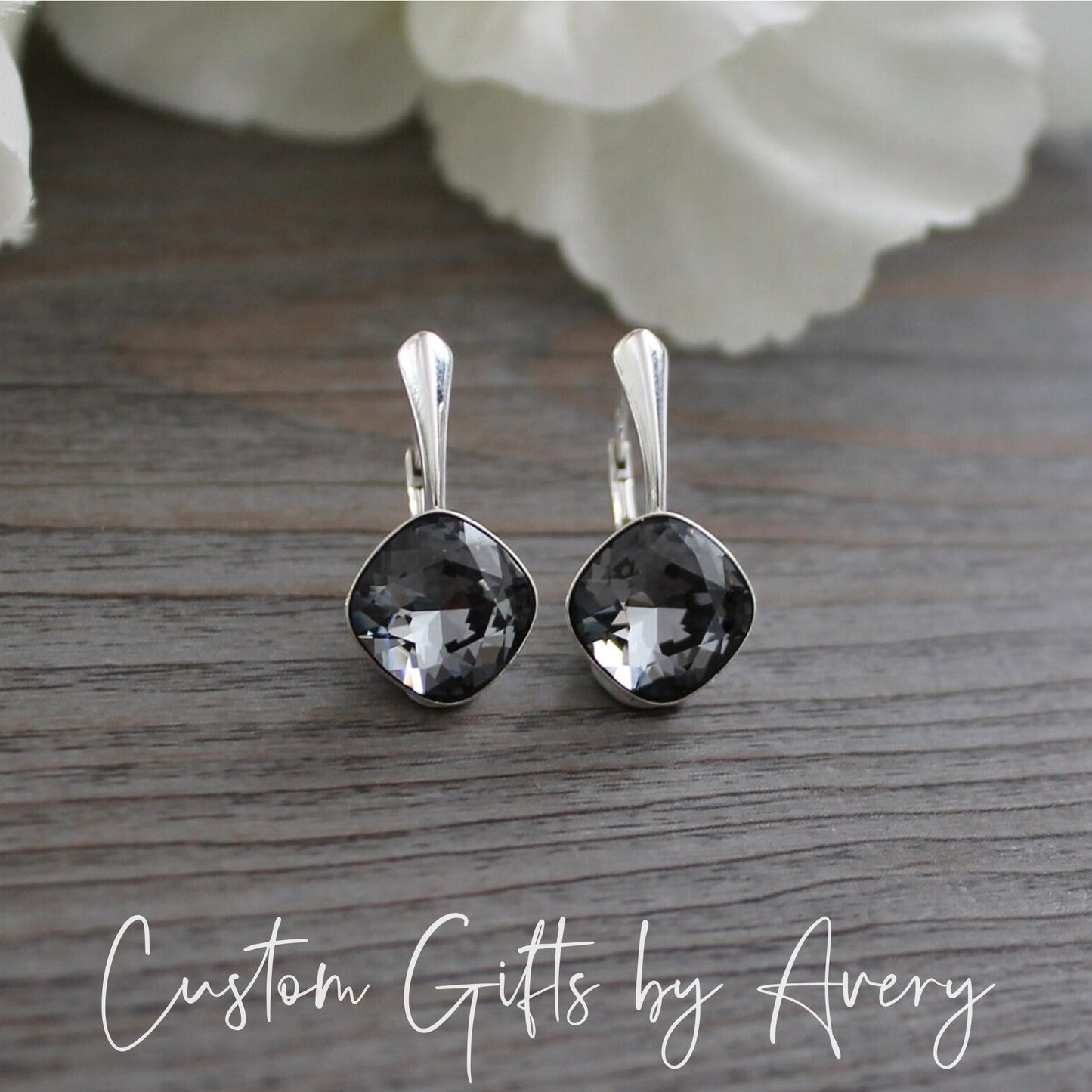 Sterling Silver Square Cut Austrian Crystal Earrings ~ Silver Night