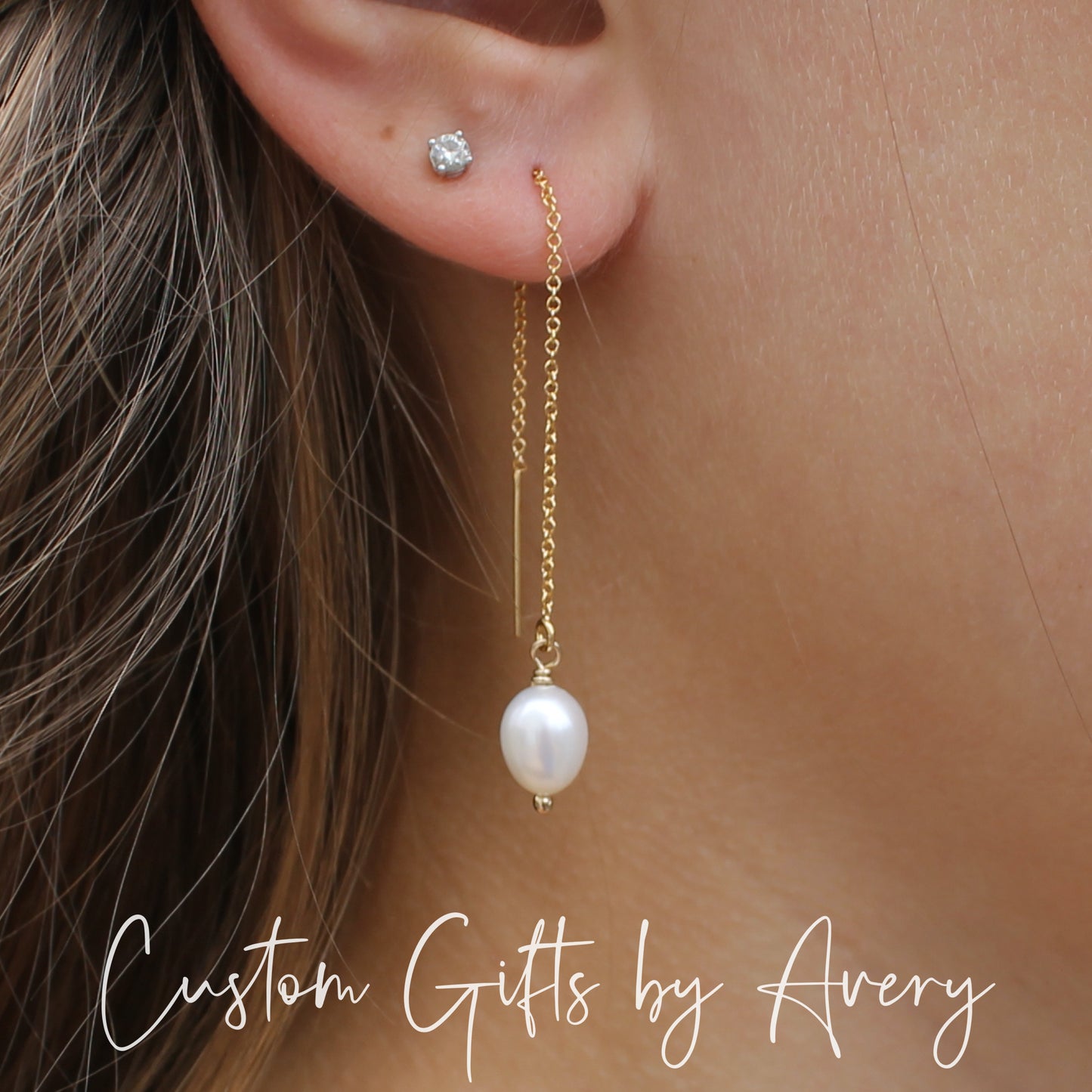 White Freshwater Pearl & Gold Filled Ear Threads