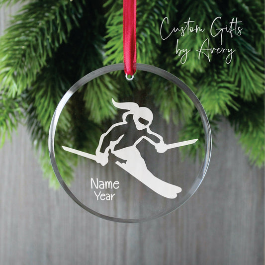 Personalized Glass Christmas Ornament ~ Female Skier