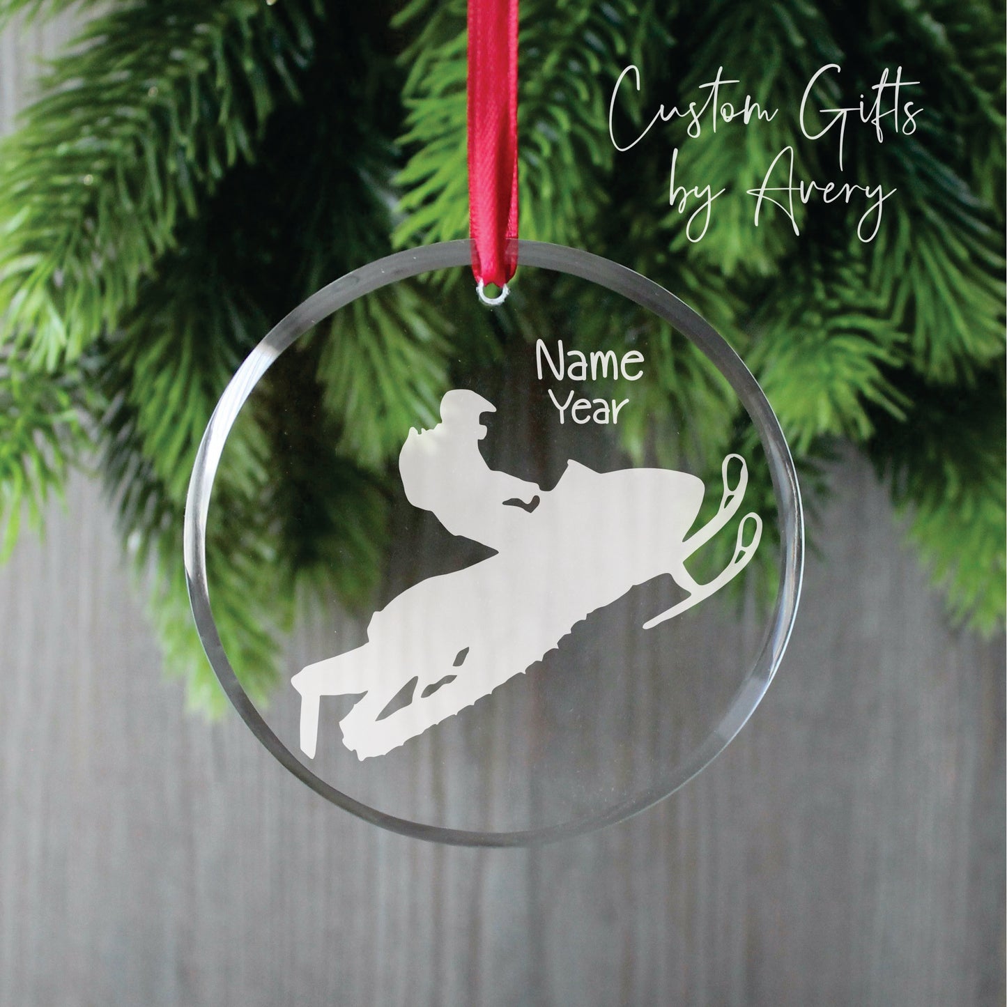 Personalized Glass Christmas Ornament ~ Snowmobile