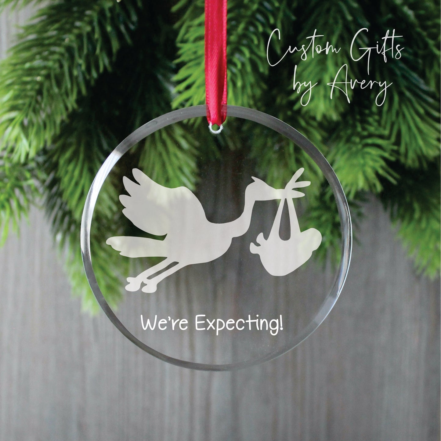 Personalized Glass Christmas Ornament ~ We're Expecting, Stork and Baby