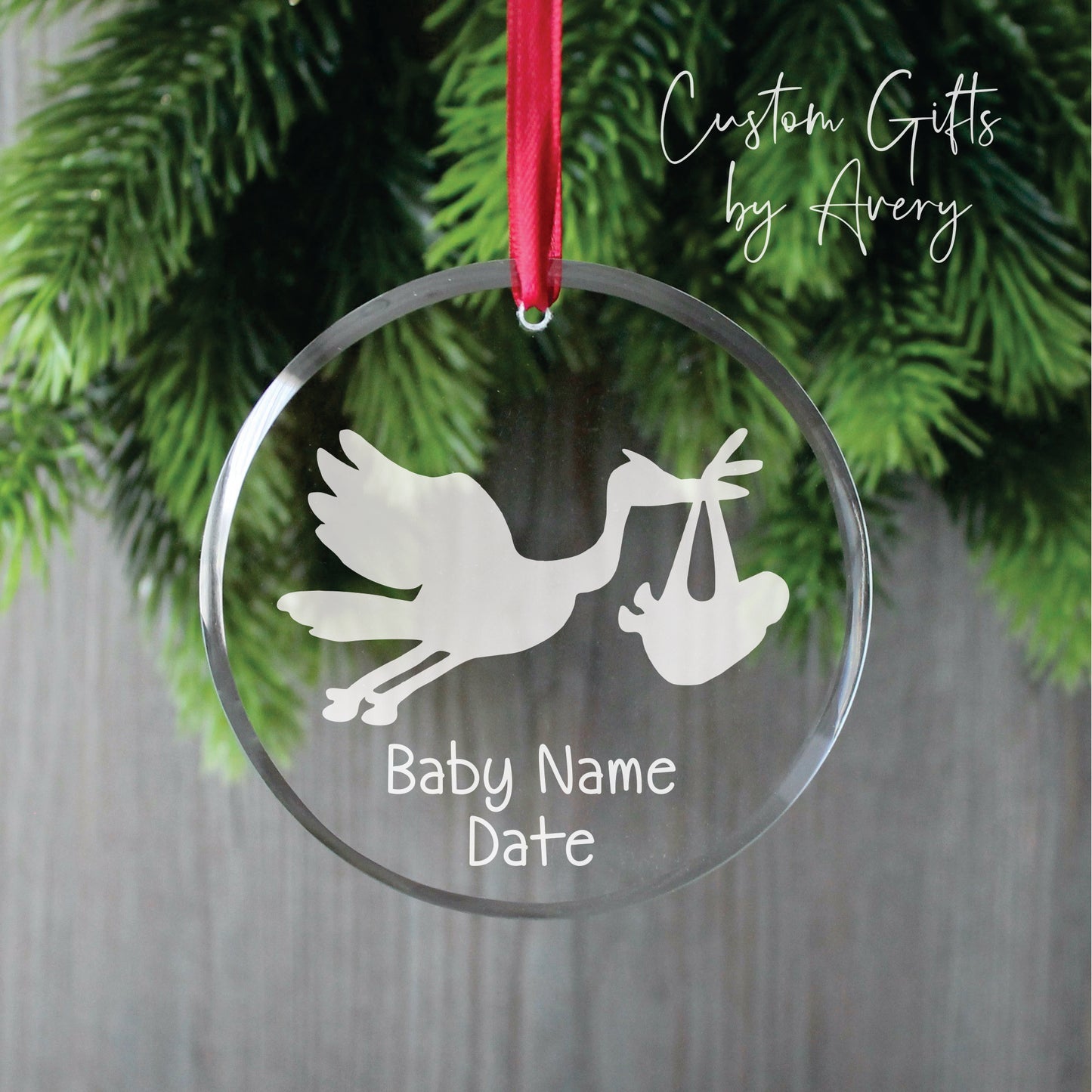 Personalized Glass Christmas Ornament ~ We're Expecting, Stork and Baby