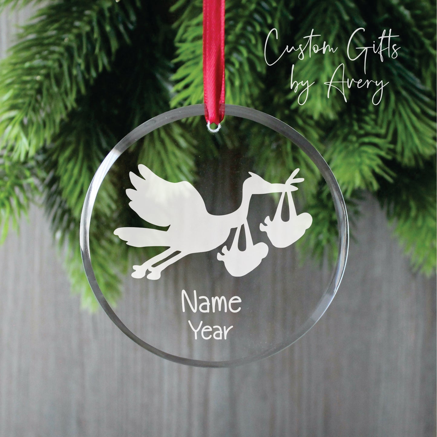 Personalized Glass Christmas Ornament ~ We're Expecting, TWINS Stork and Baby