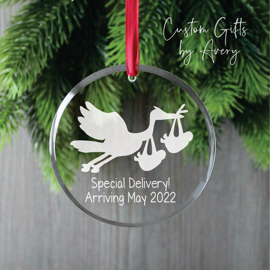 Personalized Glass Christmas Ornament ~ We're Expecting, TWINS Stork and Baby