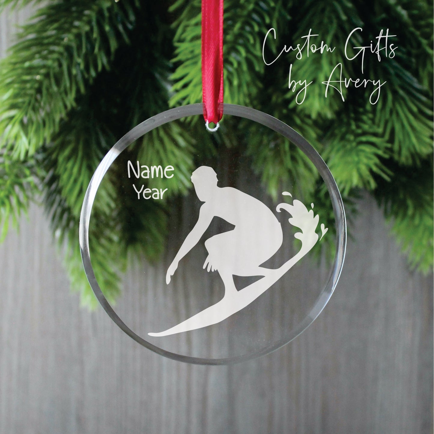 Personalized Glass Christmas Ornament ~ Surfing