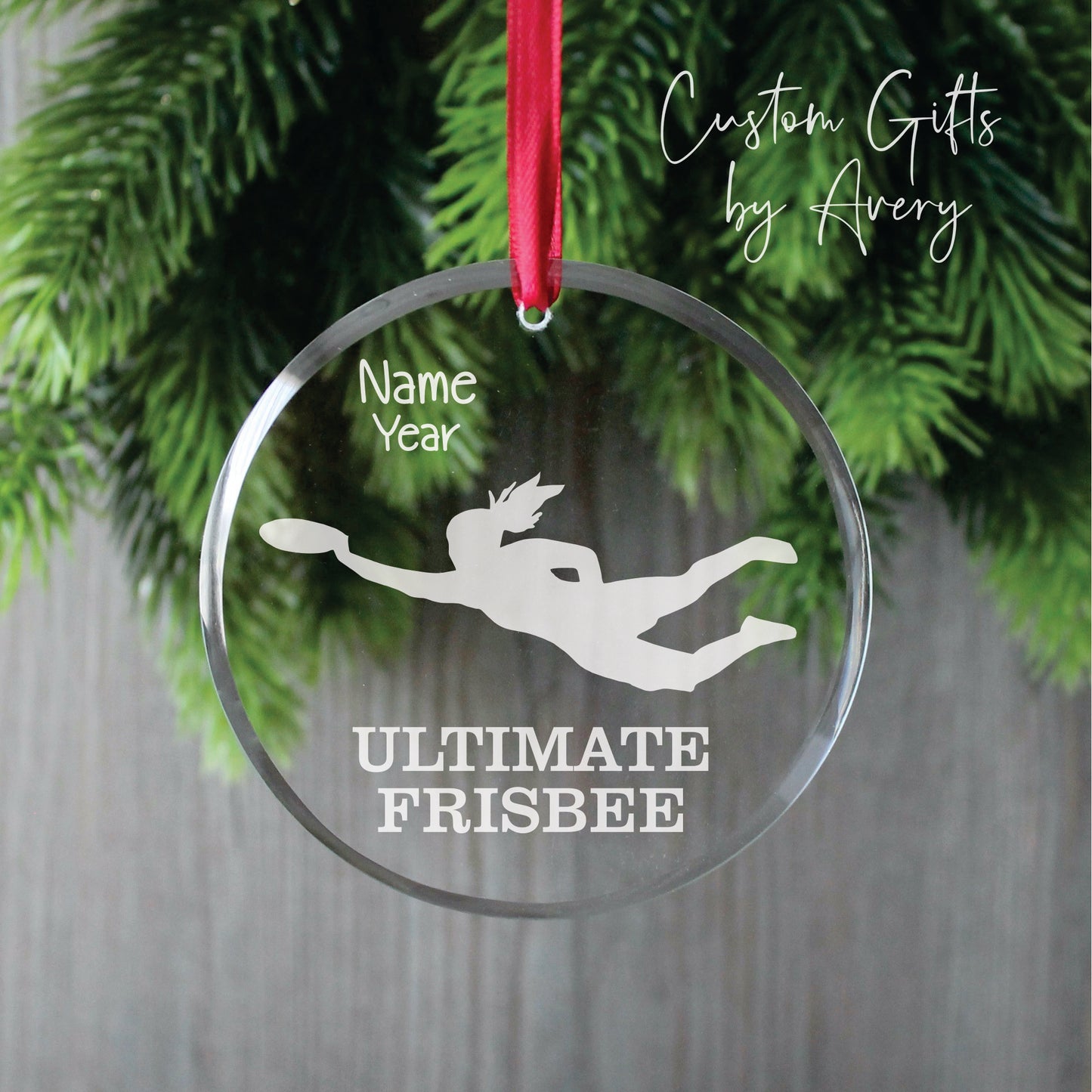 Personalized Glass Christmas Ornament ~ Female Ultimate Frisbee Player