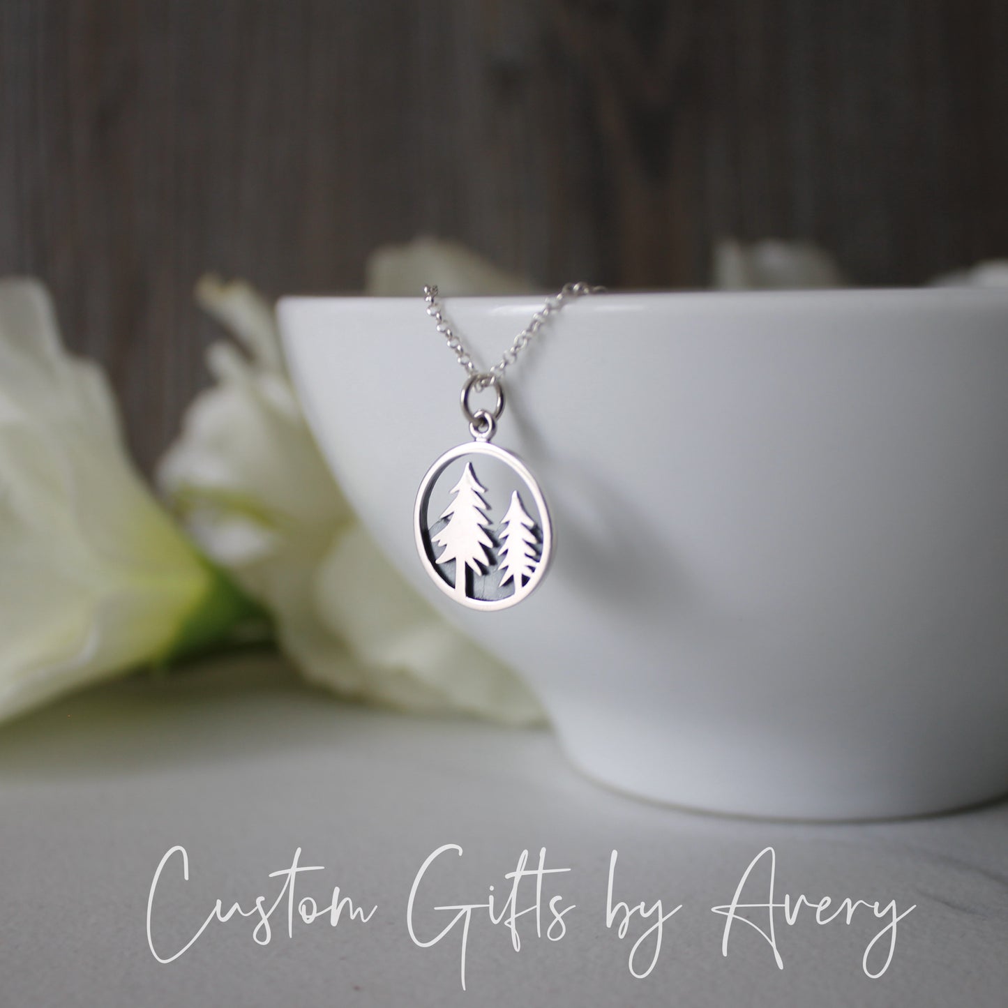 Sterling Silver Pine Tree and Mountains Necklace