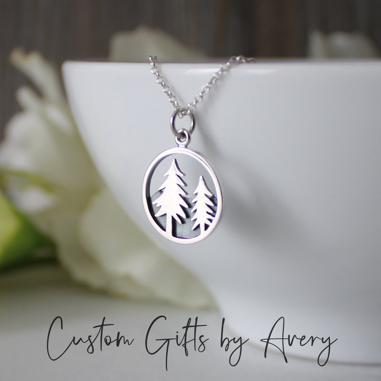 Sterling Silver Pine Tree and Mountains Necklace