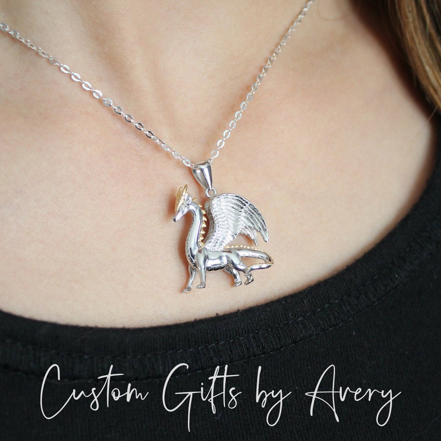 3D Sterling Silver & Gold Dragon Necklace