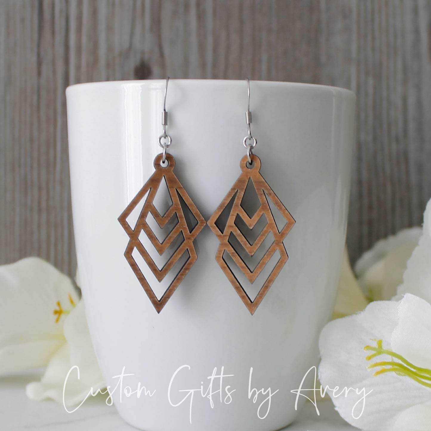 Abstract Geometric Earrings in Walnut Wood