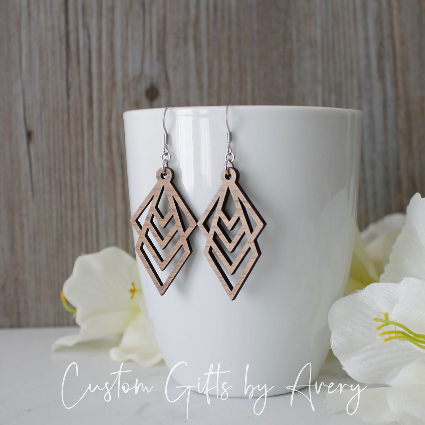 Abstract Geometric Earrings in Walnut Wood