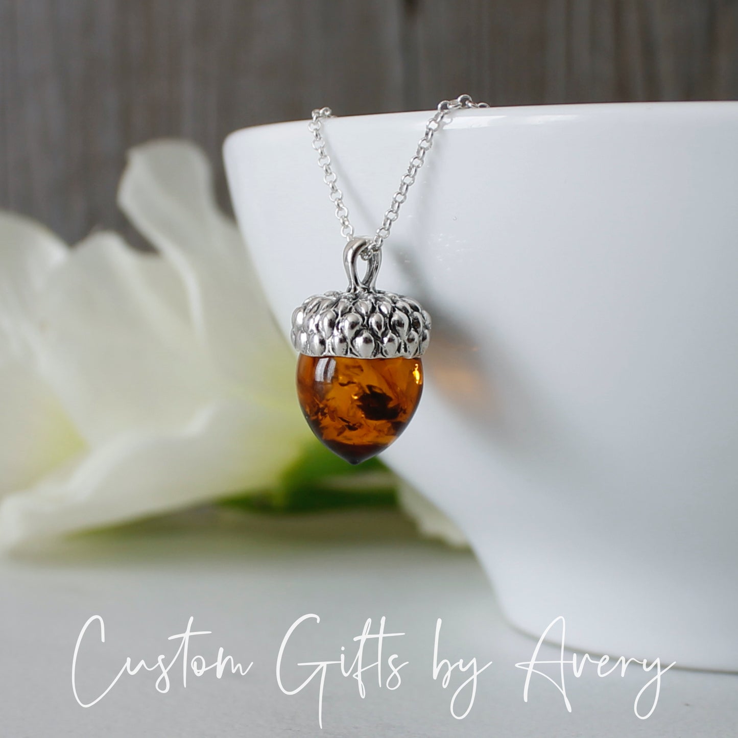 Sterling Silver & Baltic Amber Acorn Necklace