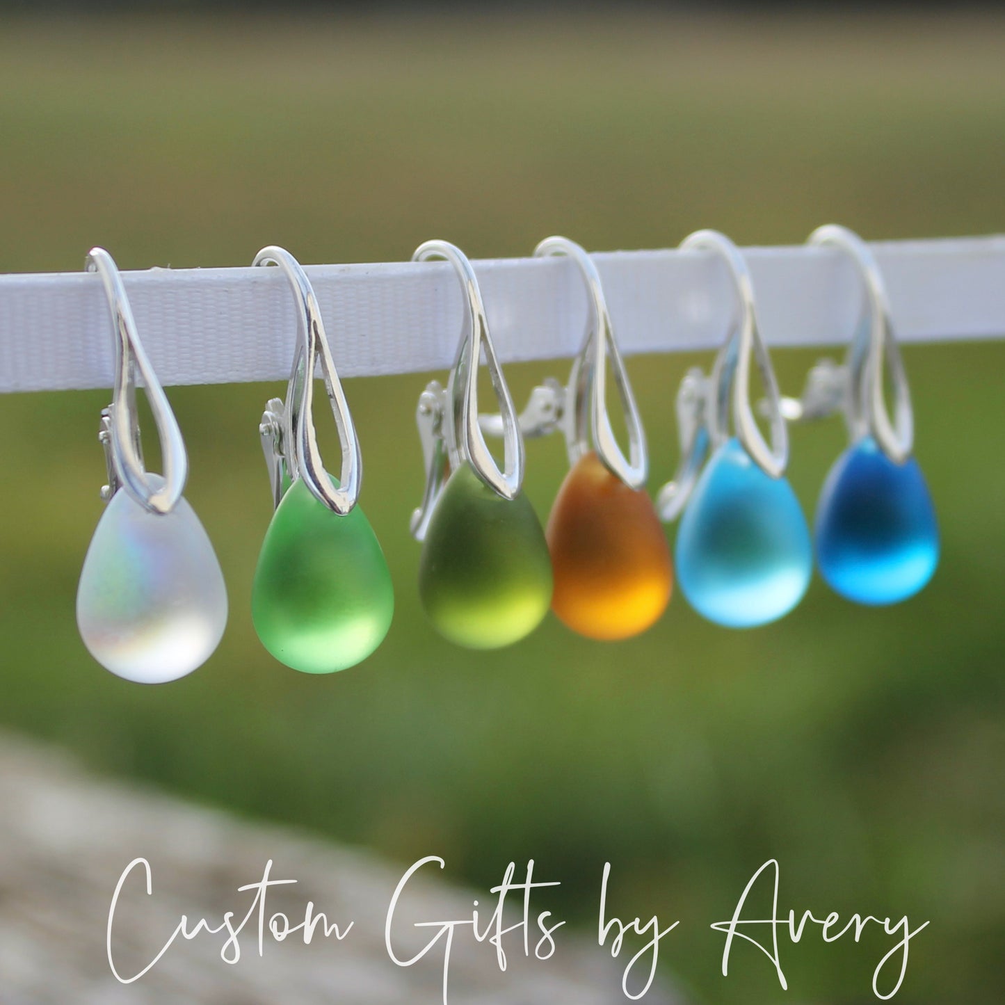 Pale Blue Cultured Sea Glass & Sterling Silver Teardrop Earrings