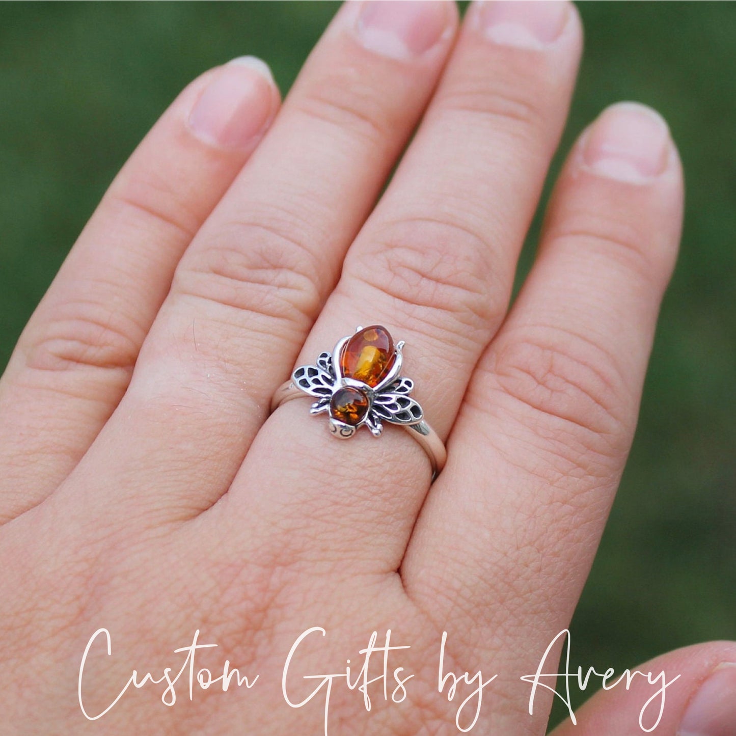 Sterling Silver & Baltic Amber Bee Ring