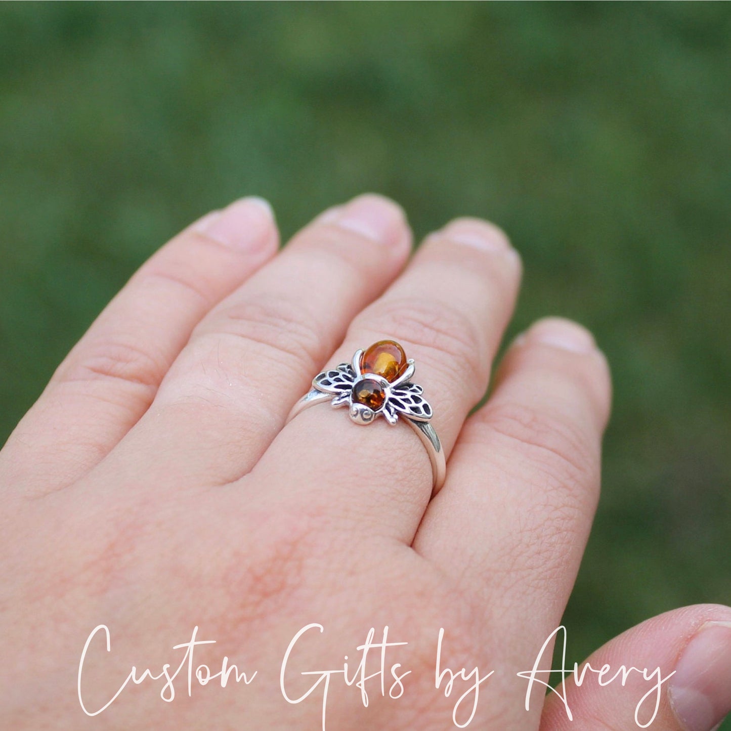 Sterling Silver & Baltic Amber Bee Ring