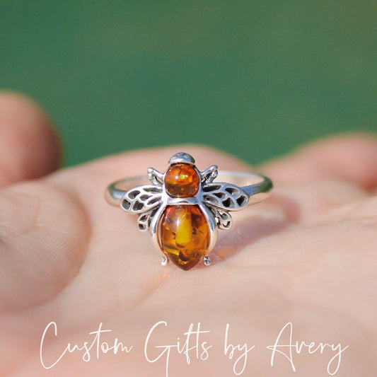 Sterling Silver & Baltic Amber Bee Ring