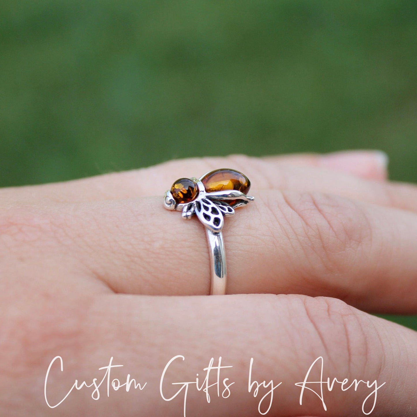 Sterling Silver & Baltic Amber Bee Ring