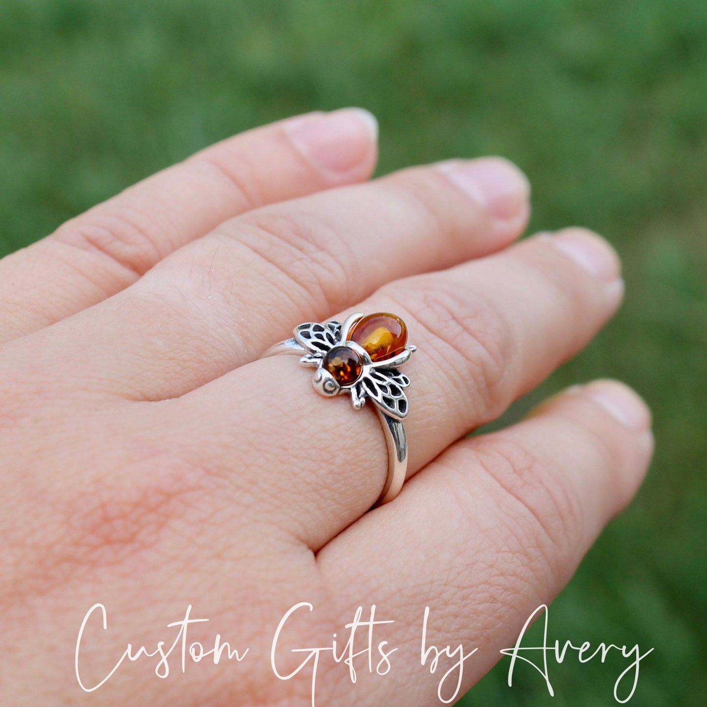 Sterling Silver & Baltic Amber Bee Ring