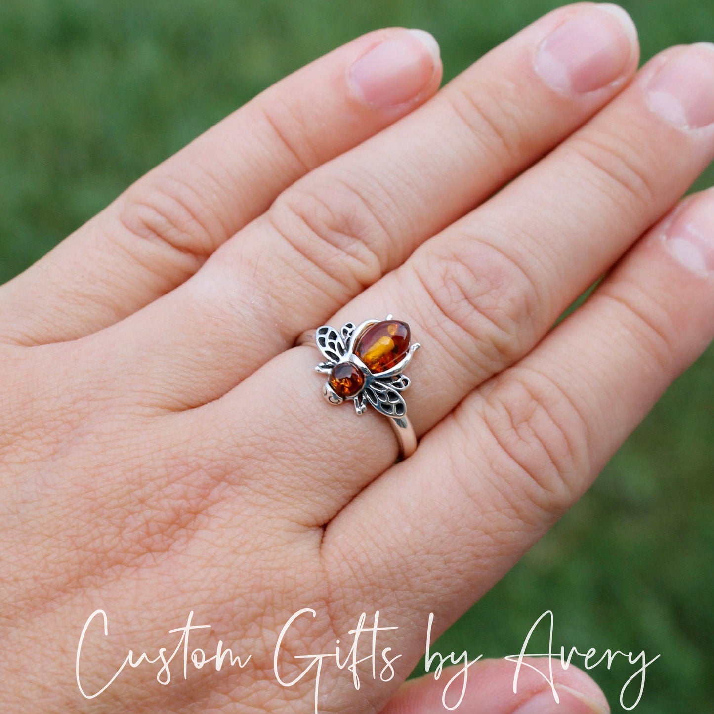 Sterling Silver & Baltic Amber Bee Ring