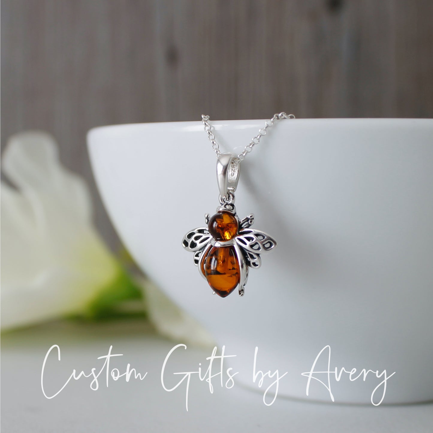 Sterling Silver and Amber Honey Bee Necklace