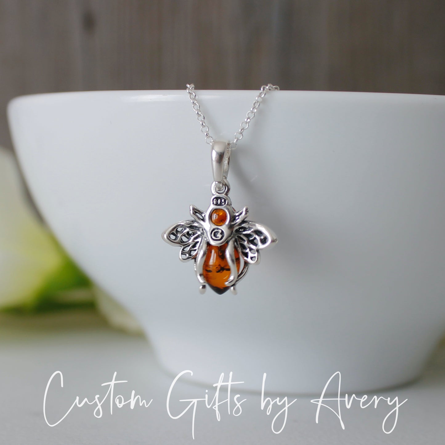 Sterling Silver and Amber Honey Bee Necklace