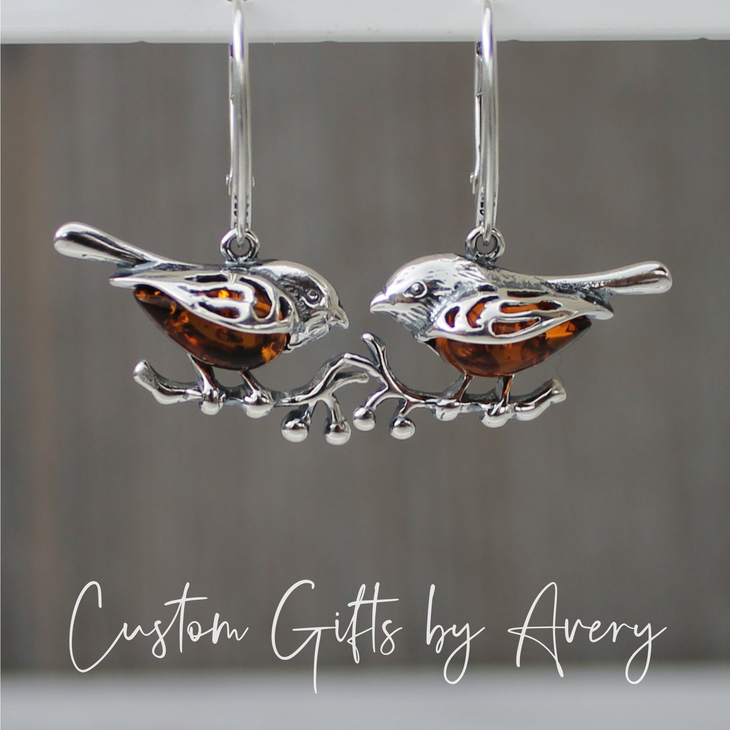 Sterling Silver and Amber Robin Earrings