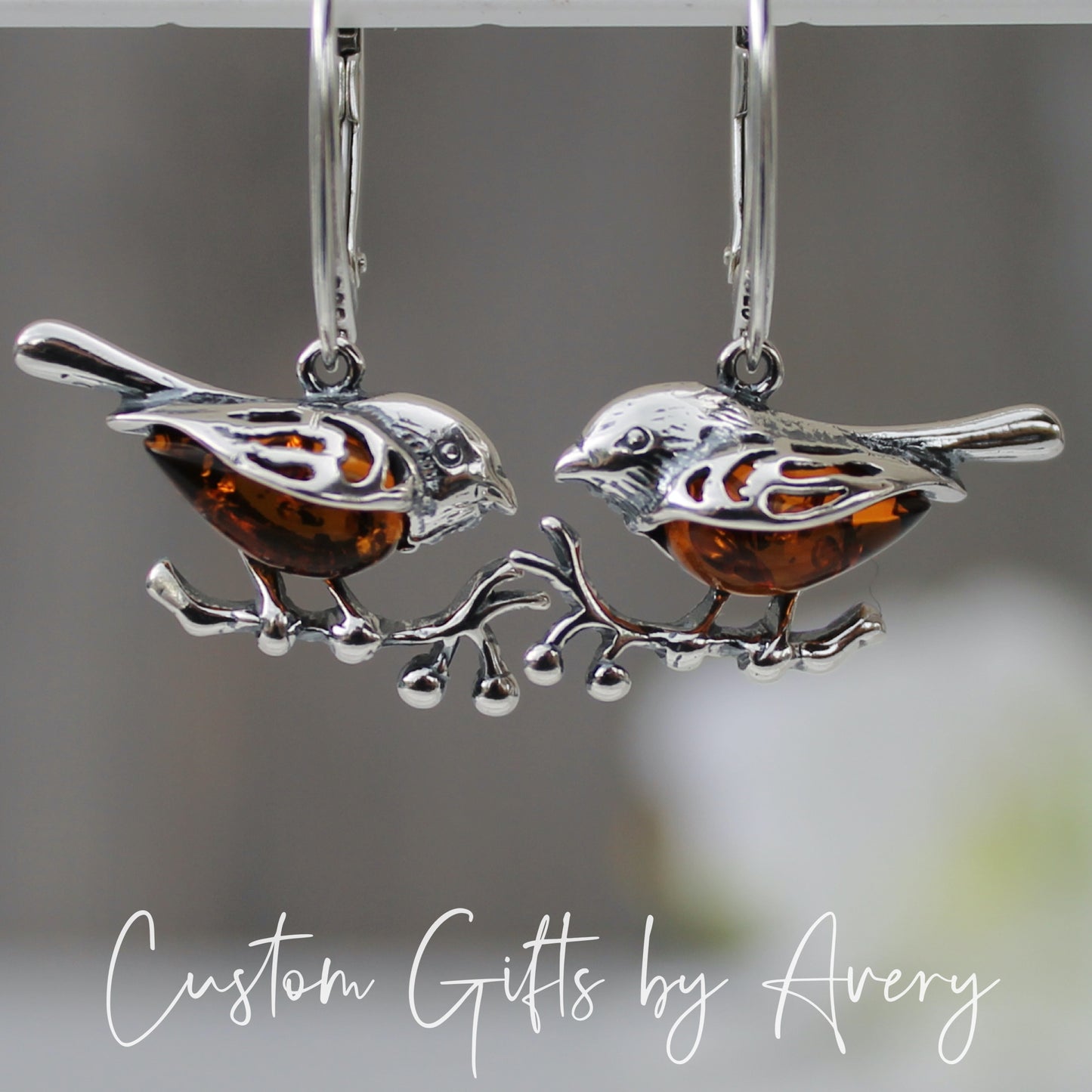 Sterling Silver and Amber Robin Earrings