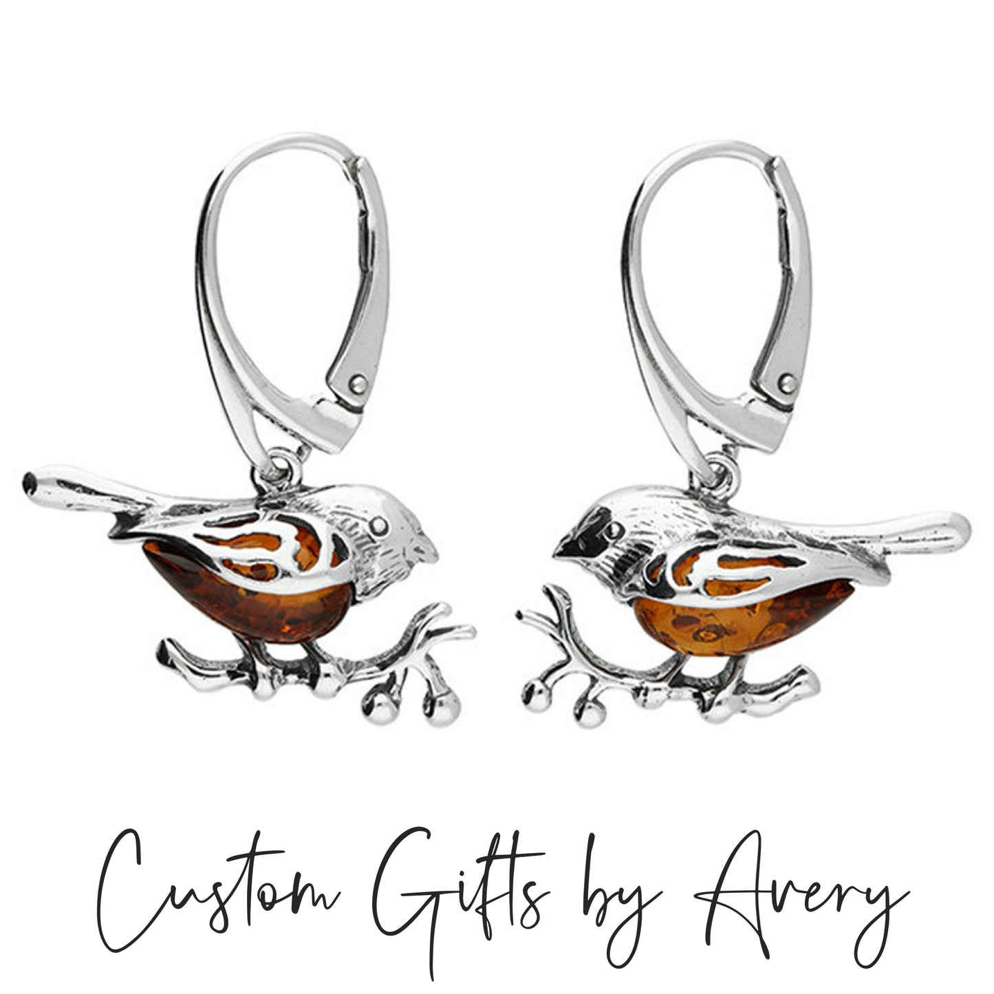 Sterling Silver and Amber Robin Earrings