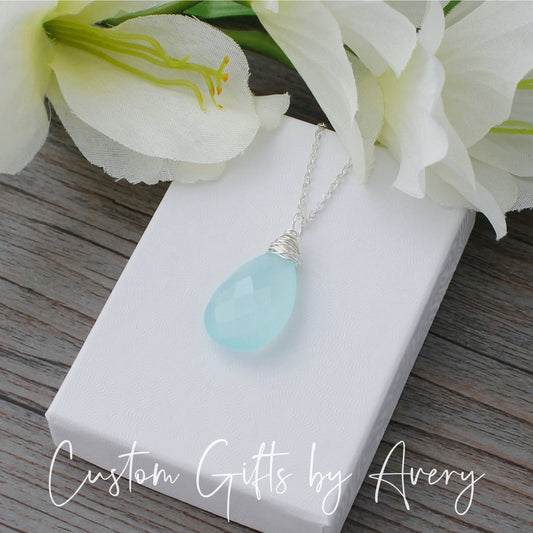 Sterling Silver Wire-Wrapped Aqua Chalcedony Teardrop Necklace