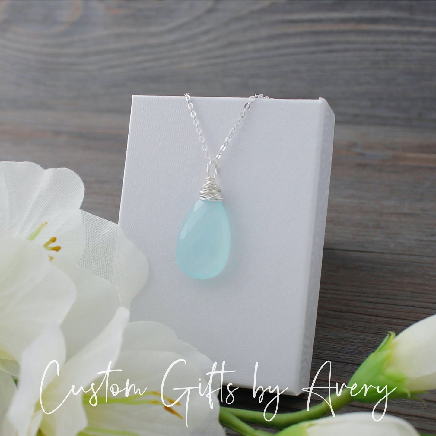 Sterling Silver Wire-Wrapped Aqua Chalcedony Teardrop Necklace