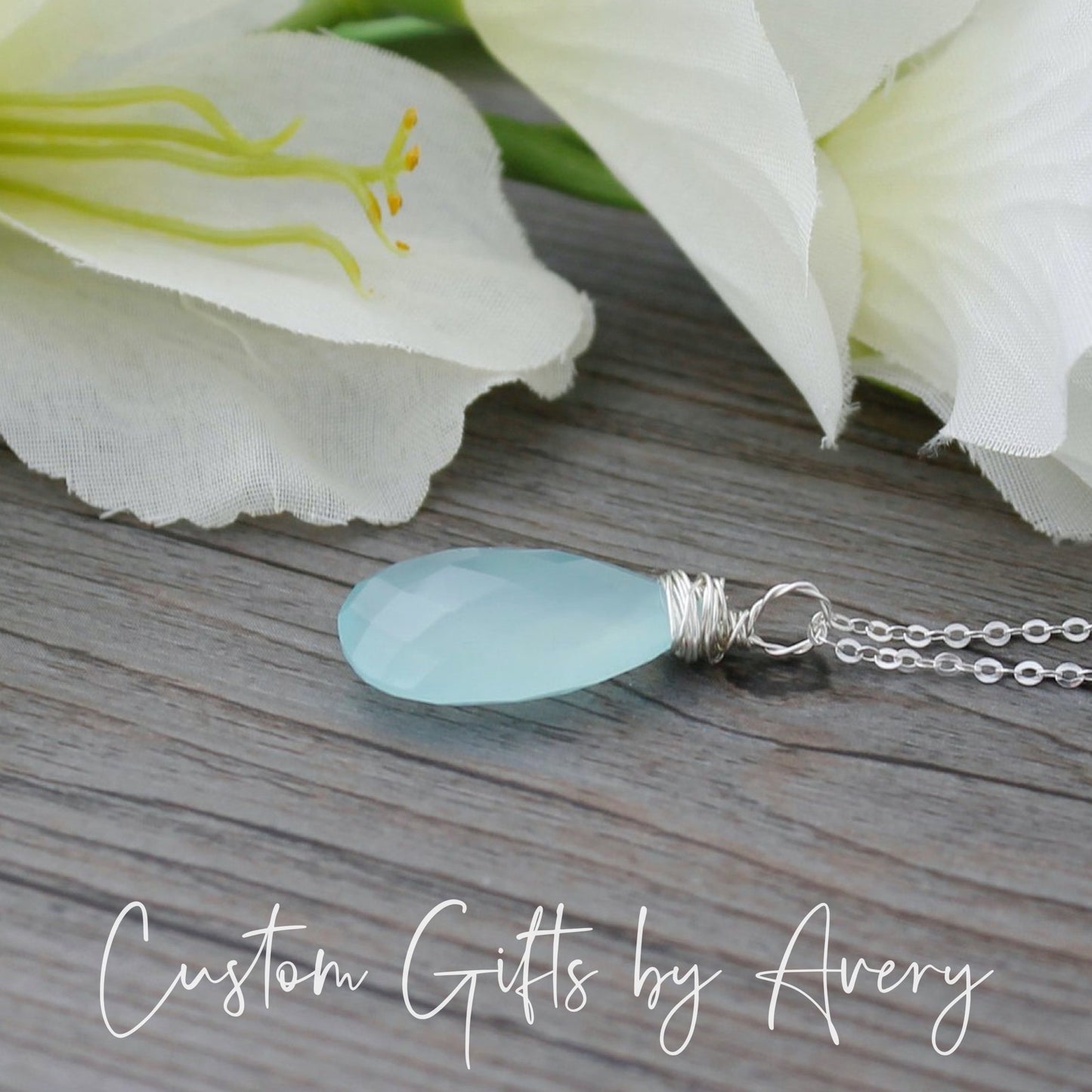 Sterling Silver Wire-Wrapped Aqua Chalcedony Teardrop Necklace