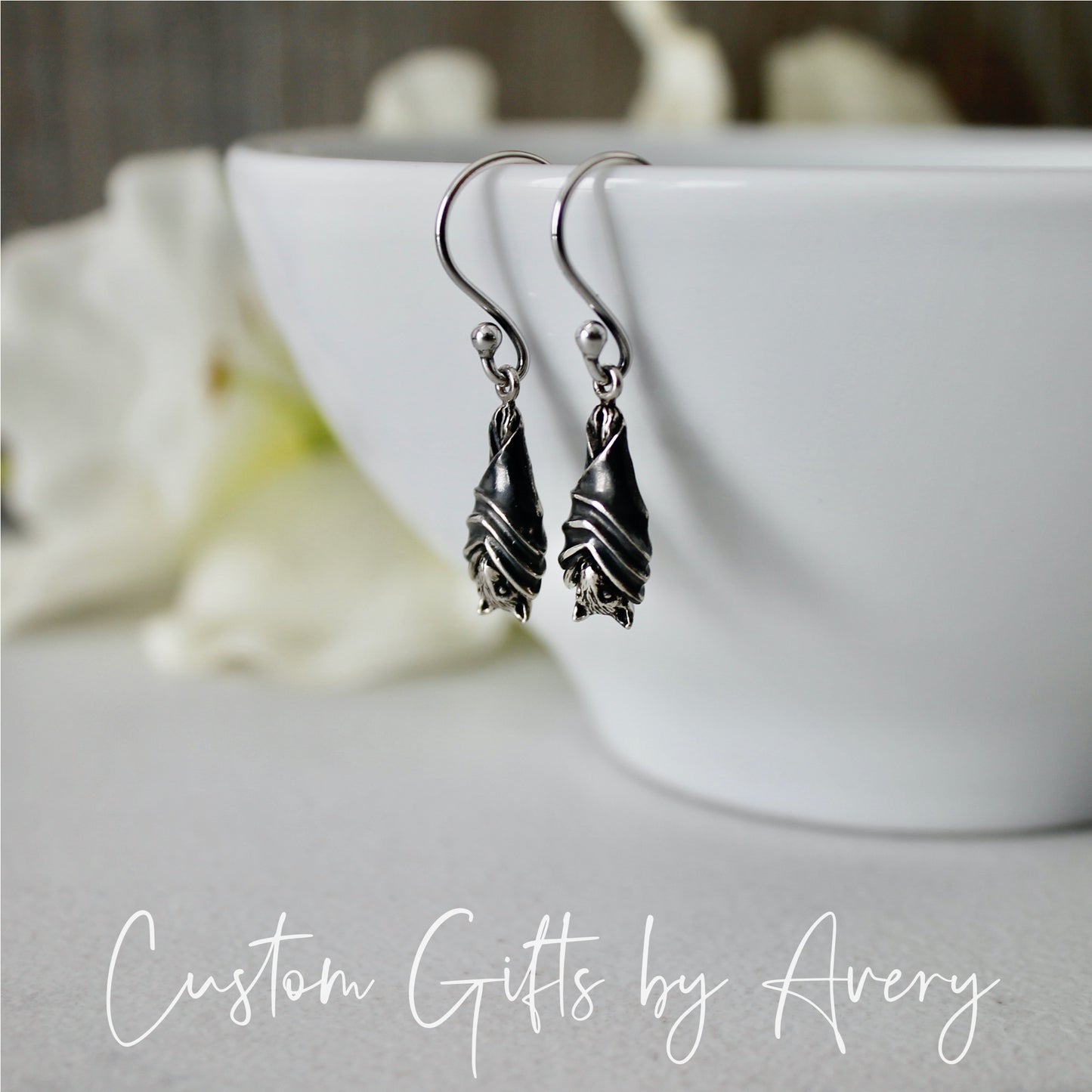 Sterling Silver Hanging Bat Earrings